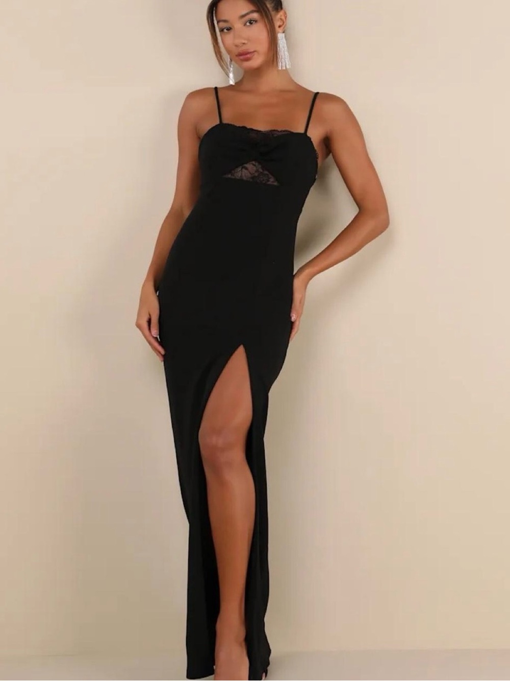 Lulus Black Spaghetti Strap Maxi Dress with Lace Detail
